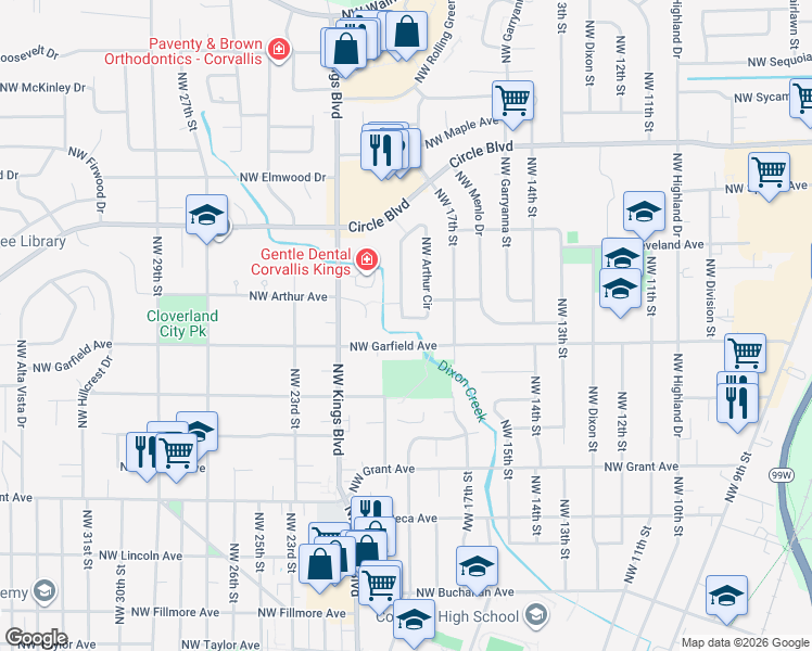 map of restaurants, bars, coffee shops, grocery stores, and more near 1800 Northwest Garfield Avenue in Corvallis