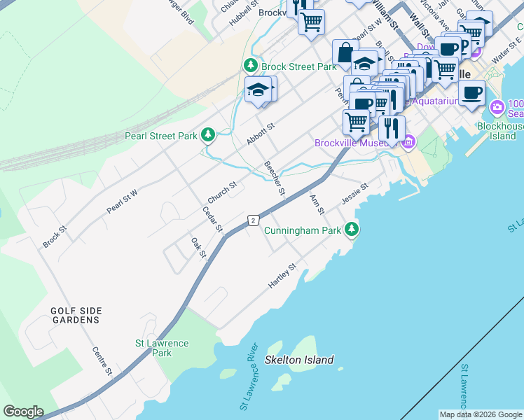map of restaurants, bars, coffee shops, grocery stores, and more near in Brockville