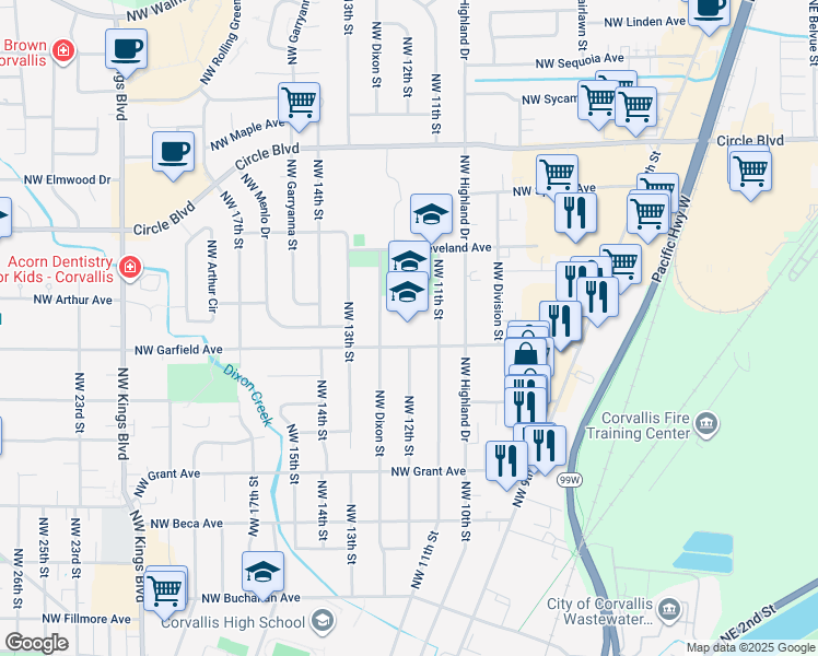 map of restaurants, bars, coffee shops, grocery stores, and more near 1205 Northwest Garfield Avenue in Corvallis