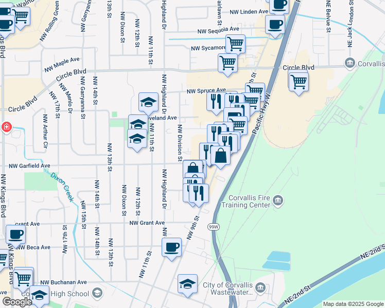 map of restaurants, bars, coffee shops, grocery stores, and more near in Corvallis