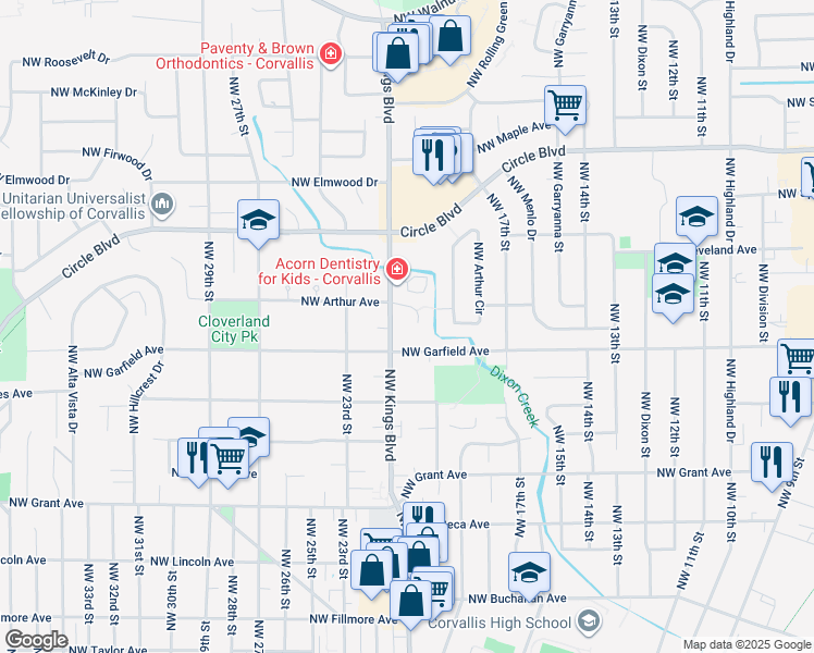 map of restaurants, bars, coffee shops, grocery stores, and more near 2050 Northwest Garfield Avenue in Corvallis