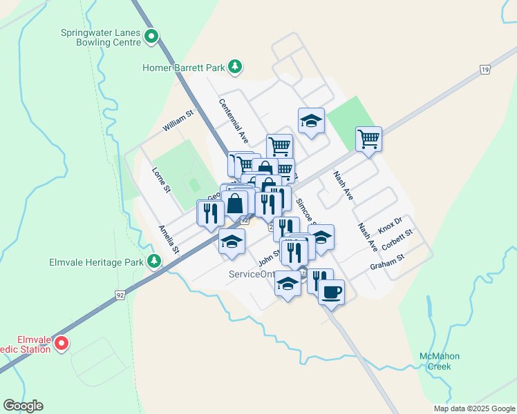 map of restaurants, bars, coffee shops, grocery stores, and more near in Elmvale