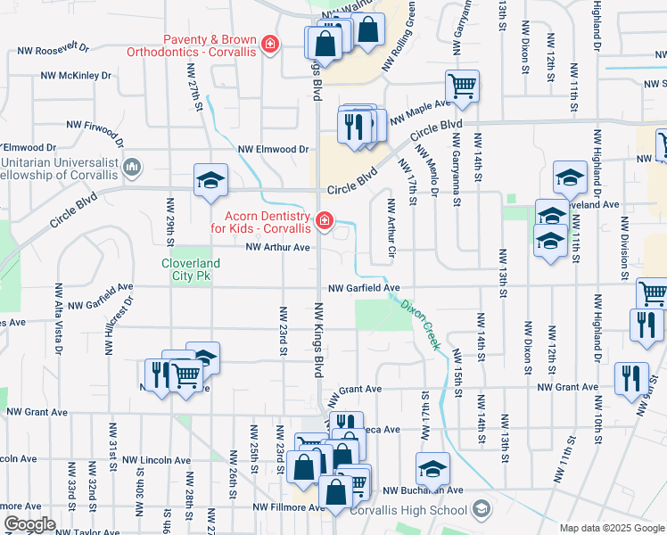 map of restaurants, bars, coffee shops, grocery stores, and more near 2050 Northwest Garfield Avenue in Corvallis
