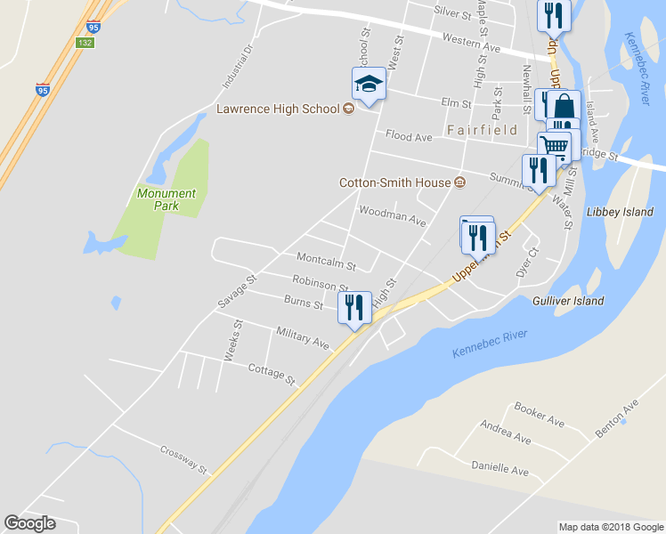 map of restaurants, bars, coffee shops, grocery stores, and more near 17 Montcalm Street in Waterville