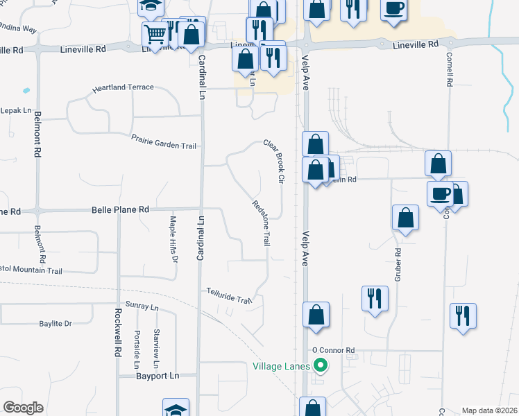 map of restaurants, bars, coffee shops, grocery stores, and more near 1569 Redstone Trail in Green Bay
