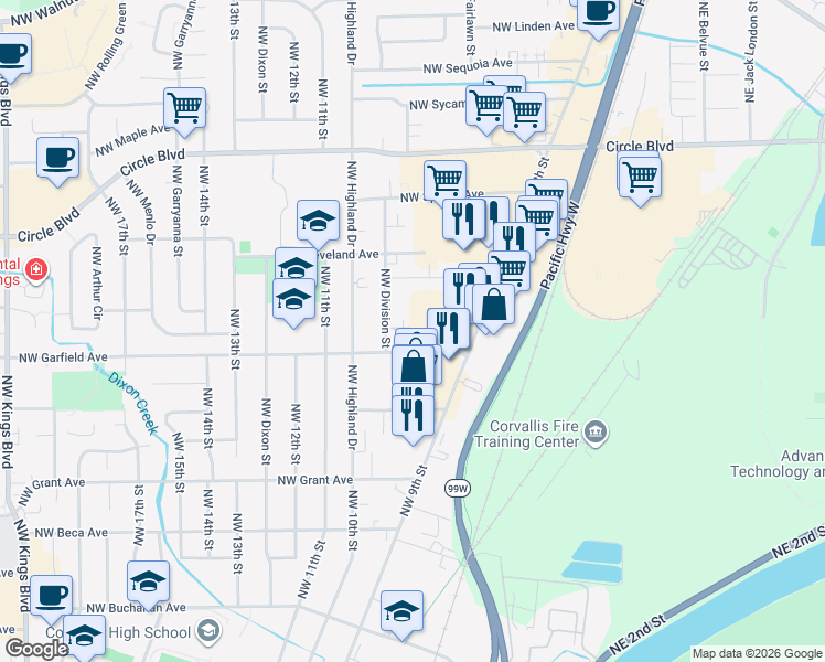 map of restaurants, bars, coffee shops, grocery stores, and more near 1649 Northwest Division Street in Corvallis