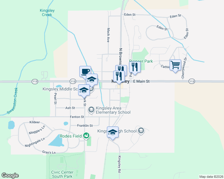 map of restaurants, bars, coffee shops, grocery stores, and more near 201 Spring Street in Kingsley