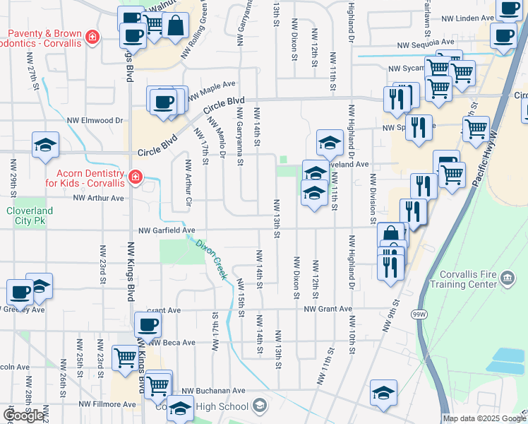 map of restaurants, bars, coffee shops, grocery stores, and more near 1615 Northwest Garryanna Street in Corvallis