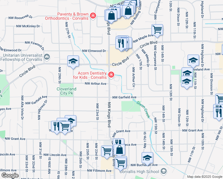 map of restaurants, bars, coffee shops, grocery stores, and more near 1641 Northwest Kings Boulevard in Corvallis