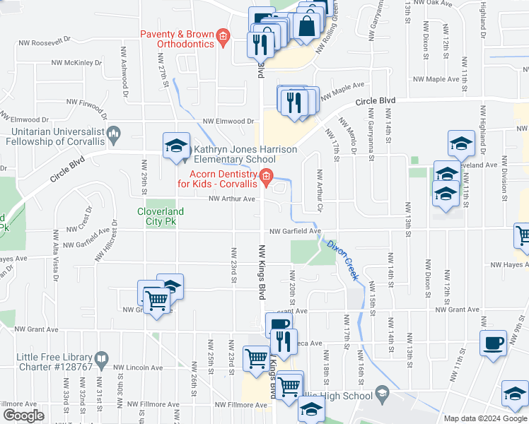 map of restaurants, bars, coffee shops, grocery stores, and more near 1643 Northwest Kings Boulevard in Corvallis