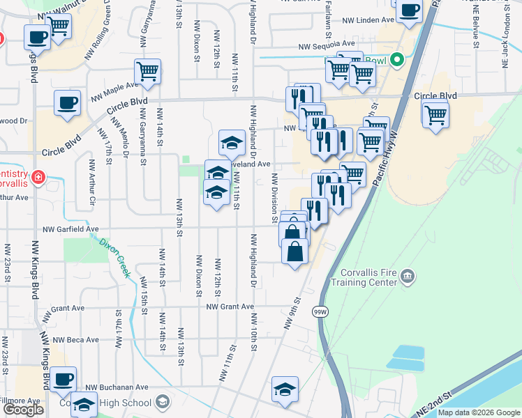map of restaurants, bars, coffee shops, grocery stores, and more near 1661 Northwest Highland Drive in Corvallis