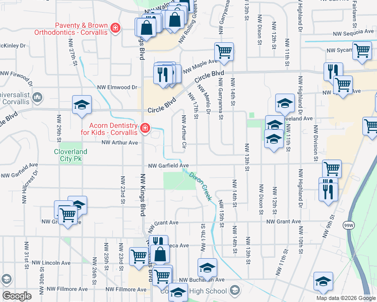 map of restaurants, bars, coffee shops, grocery stores, and more near 1707 Northwest 17th Street in Corvallis