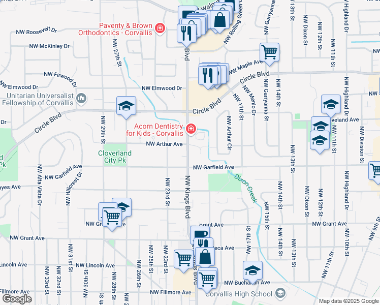 map of restaurants, bars, coffee shops, grocery stores, and more near 1720 Northwest Kings Boulevard in Corvallis