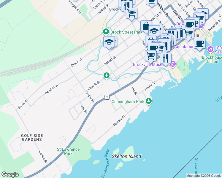 map of restaurants, bars, coffee shops, grocery stores, and more near 388 King Street West in Brockville