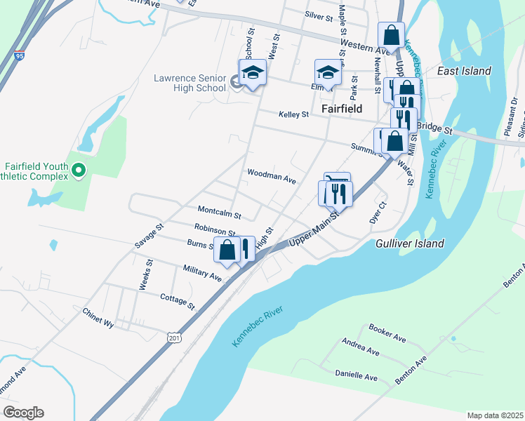 map of restaurants, bars, coffee shops, grocery stores, and more near 1 Brooks Street in Fairfield