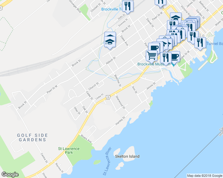 map of restaurants, bars, coffee shops, grocery stores, and more near in Brockville