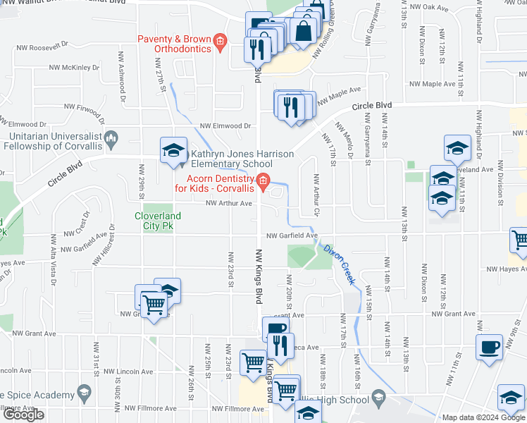 map of restaurants, bars, coffee shops, grocery stores, and more near 1649 Northwest Kings Boulevard in Corvallis