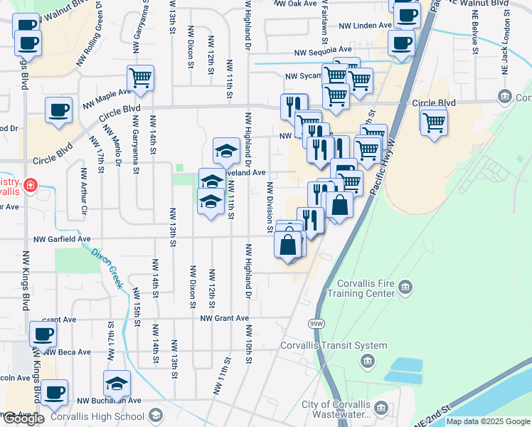 map of restaurants, bars, coffee shops, grocery stores, and more near 1686 Northwest Division Street in Corvallis