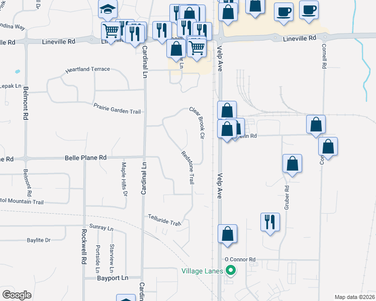 map of restaurants, bars, coffee shops, grocery stores, and more near 2458 Clear Brook Circle in Green Bay