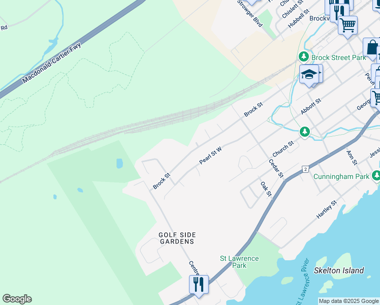 map of restaurants, bars, coffee shops, grocery stores, and more near 390 Brock Street in Brockville