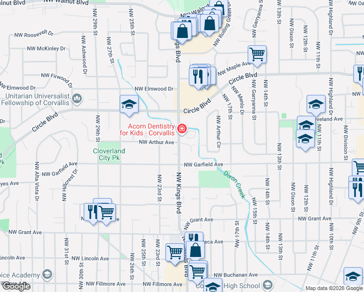 map of restaurants, bars, coffee shops, grocery stores, and more near 2092 Northwest Arthur Place in Corvallis