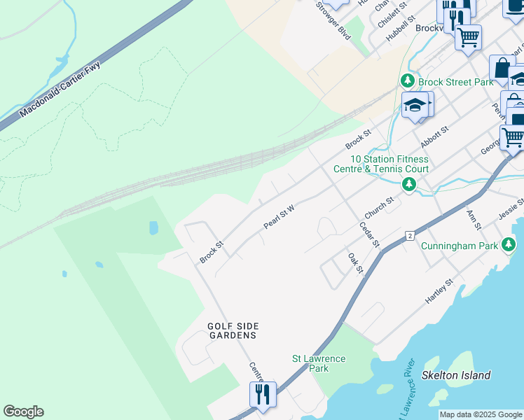map of restaurants, bars, coffee shops, grocery stores, and more near 385 Brock Street in Brockville