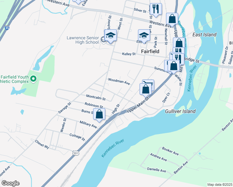 map of restaurants, bars, coffee shops, grocery stores, and more near 1 Brooks Street in Fairfield