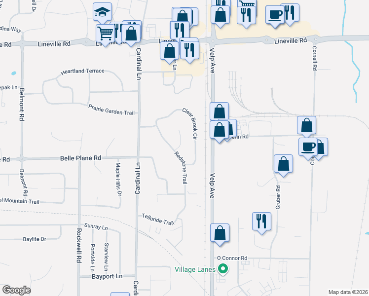 map of restaurants, bars, coffee shops, grocery stores, and more near 2458 Clear Brook Circle in Green Bay