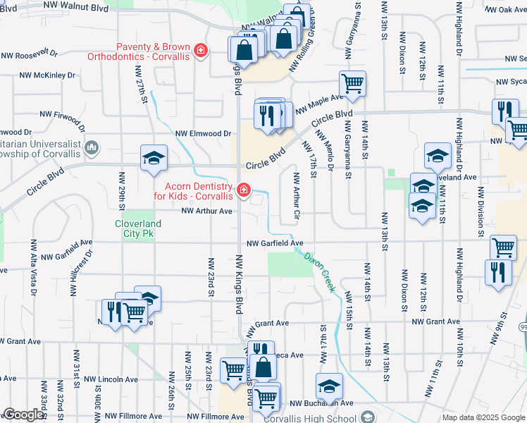 map of restaurants, bars, coffee shops, grocery stores, and more near 2041 Northwest Arthur Place in Corvallis