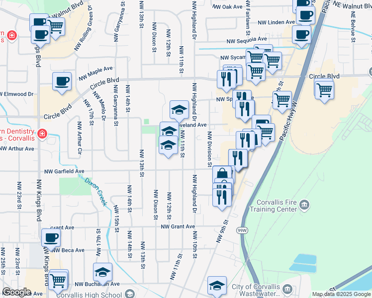 map of restaurants, bars, coffee shops, grocery stores, and more near 1645 Northwest 11th Street in Corvallis