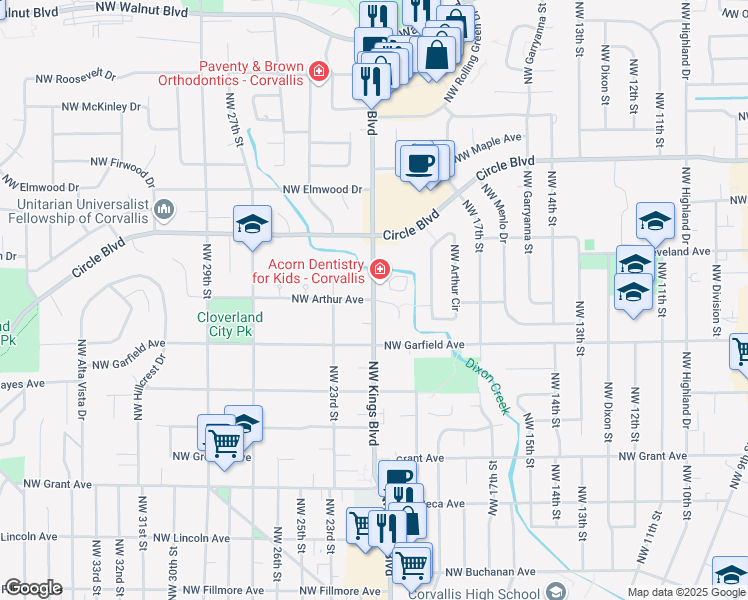 map of restaurants, bars, coffee shops, grocery stores, and more near NW Kings Blvd & NW Arthur Ave in Corvallis