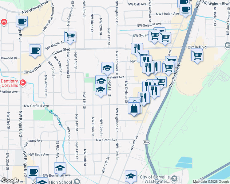map of restaurants, bars, coffee shops, grocery stores, and more near 1661 Northwest Highland Drive in Corvallis