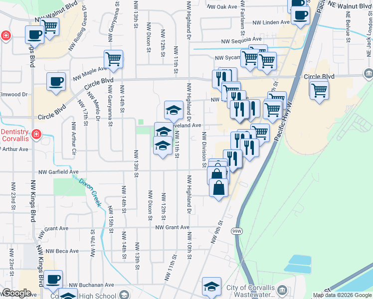 map of restaurants, bars, coffee shops, grocery stores, and more near 1661 Northwest Highland Drive in Corvallis
