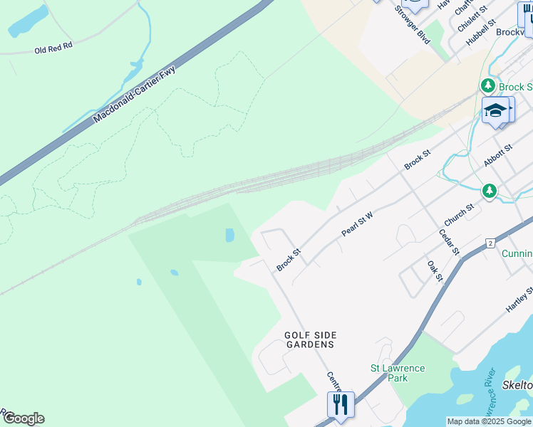 map of restaurants, bars, coffee shops, grocery stores, and more near 55 Adley Drive in Brockville