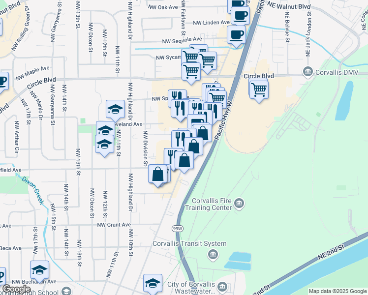 map of restaurants, bars, coffee shops, grocery stores, and more near 1746 Northwest 9th Street in Corvallis