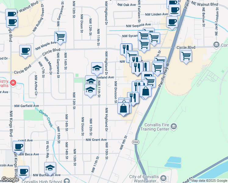map of restaurants, bars, coffee shops, grocery stores, and more near 1686 Northwest Division Street in Corvallis