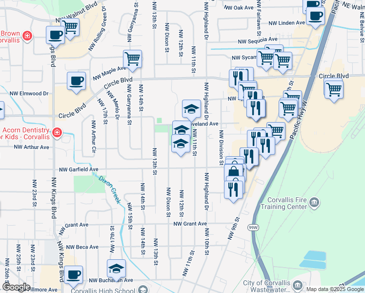 map of restaurants, bars, coffee shops, grocery stores, and more near 1205 Northwest Garfield Avenue in Corvallis
