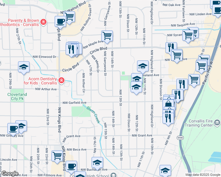 map of restaurants, bars, coffee shops, grocery stores, and more near 1615 Northwest Garryanna Street in Corvallis