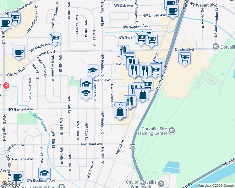 map of restaurants, bars, coffee shops, grocery stores, and more near 1686 Northwest Division Street in Corvallis