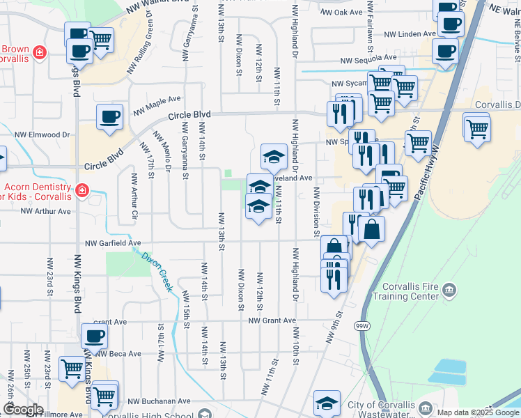 map of restaurants, bars, coffee shops, grocery stores, and more near 1645 Northwest 11th Street in Corvallis