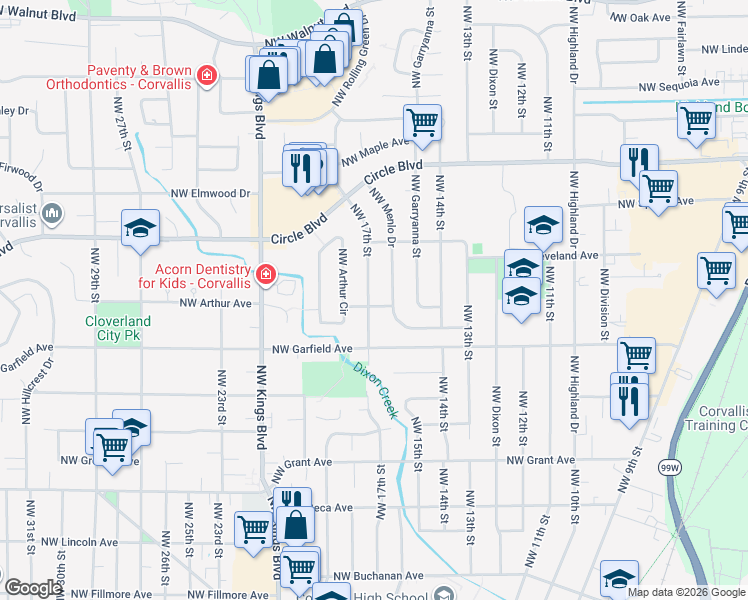 map of restaurants, bars, coffee shops, grocery stores, and more near 1707 Northwest 17th Street in Corvallis