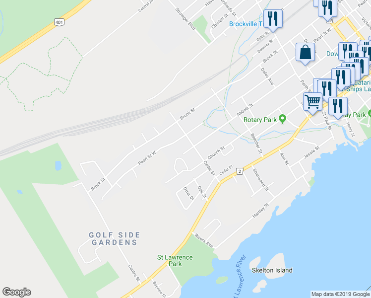 map of restaurants, bars, coffee shops, grocery stores, and more near 339 Abbott Street in Brockville