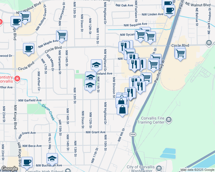 map of restaurants, bars, coffee shops, grocery stores, and more near 1661 Northwest Highland Drive in Corvallis