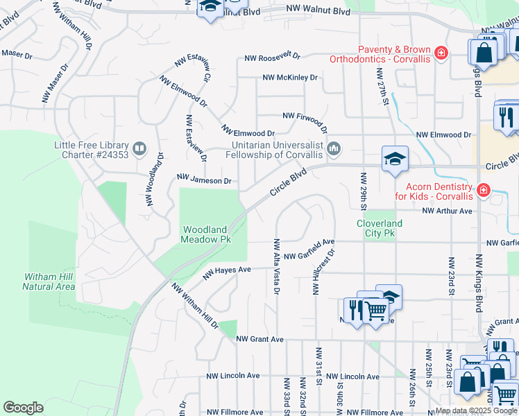 map of restaurants, bars, coffee shops, grocery stores, and more near 3510 Northwest Circle Boulevard in Corvallis