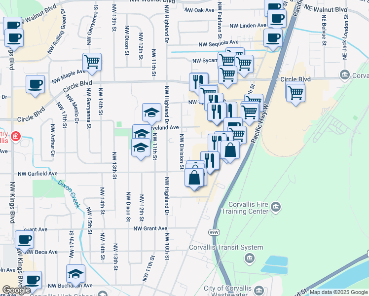 map of restaurants, bars, coffee shops, grocery stores, and more near 1687 Northwest Division Street in Corvallis