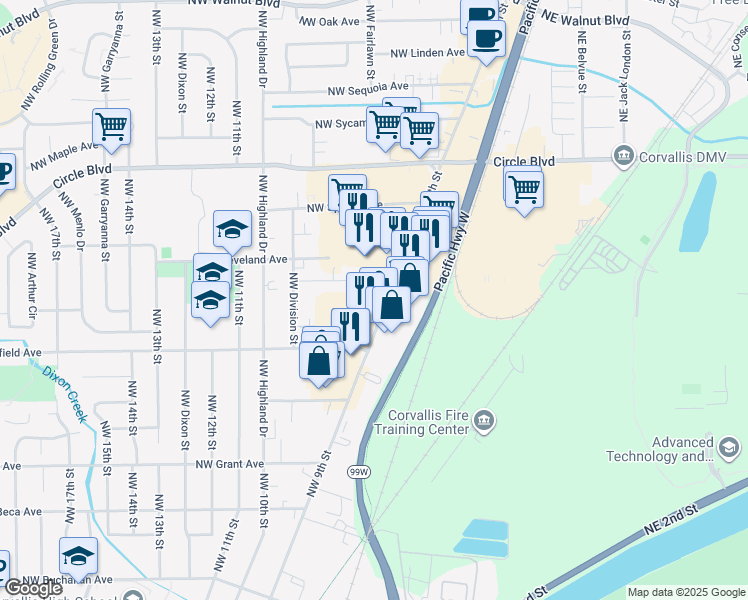 map of restaurants, bars, coffee shops, grocery stores, and more near 1746 NW 9th St in Corvallis