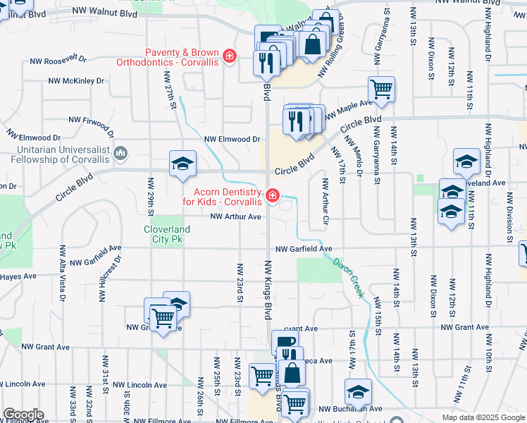 map of restaurants, bars, coffee shops, grocery stores, and more near 1720 Northwest Kings Boulevard in Corvallis