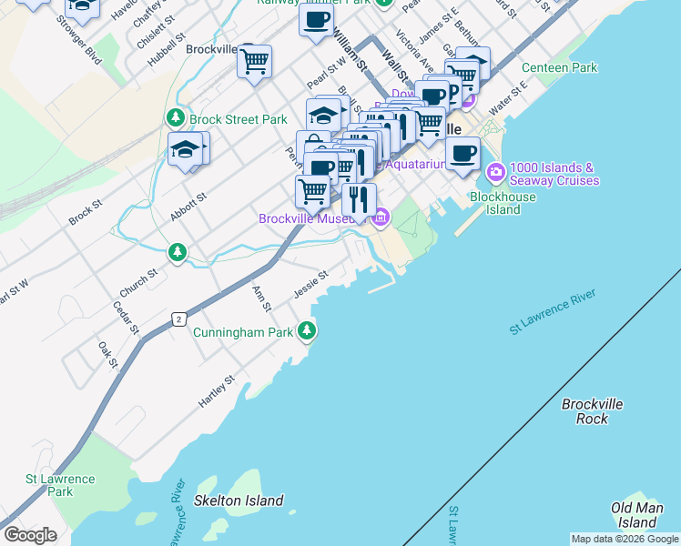 map of restaurants, bars, coffee shops, grocery stores, and more near 15 Jessie Street in Brockville