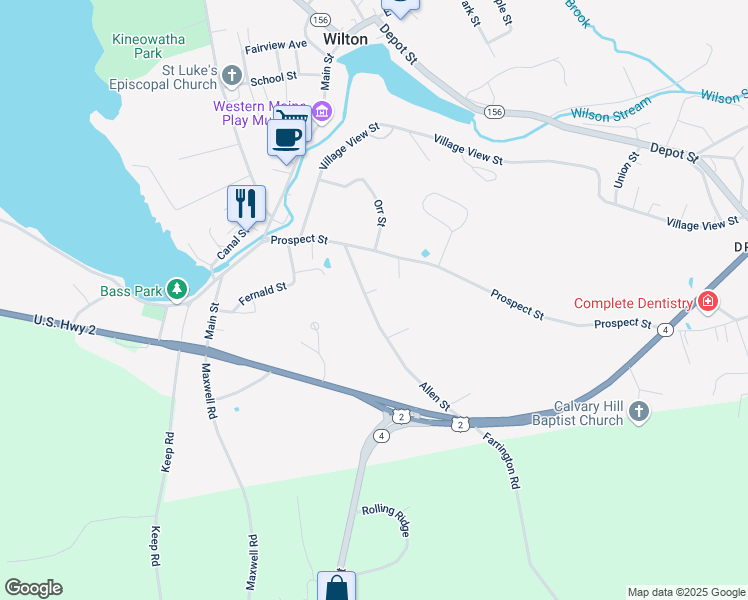 map of restaurants, bars, coffee shops, grocery stores, and more near 28 Allen Street in Wilton