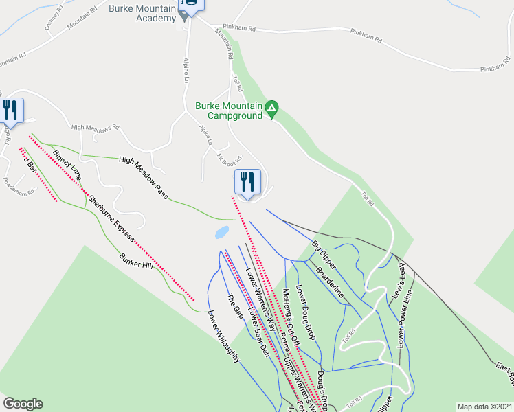map of restaurants, bars, coffee shops, grocery stores, and more near 2555 Mountain Road in Burke